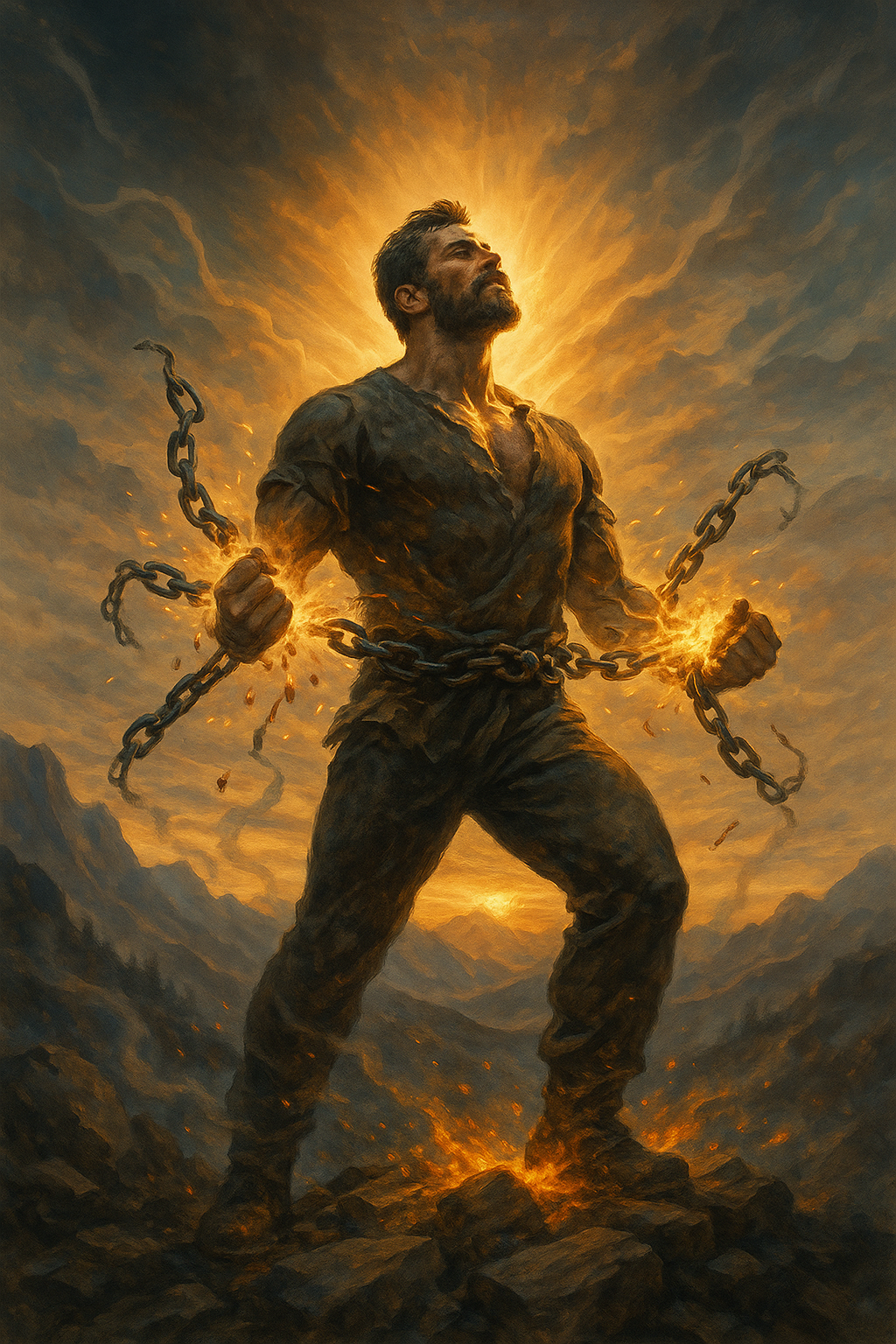 A powerful man with a muscular build, bearded face, and intense expression, standing on rocky terrain with a fiery glow around him. He is breaking chains that are glowing and appears to be emerging from a dark, stormy background with a radiant, golden light behind his head, symbolizing strength and liberation.