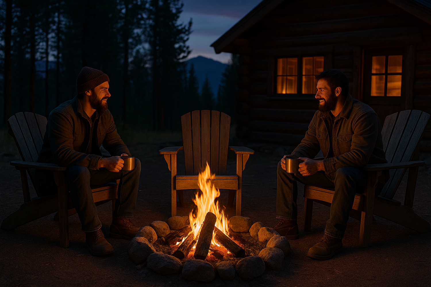Two men sitting by a campfire at night, holding mugs, smiling and facing each other, in front of a cabin with lit windows, surrounded by trees and mountains.