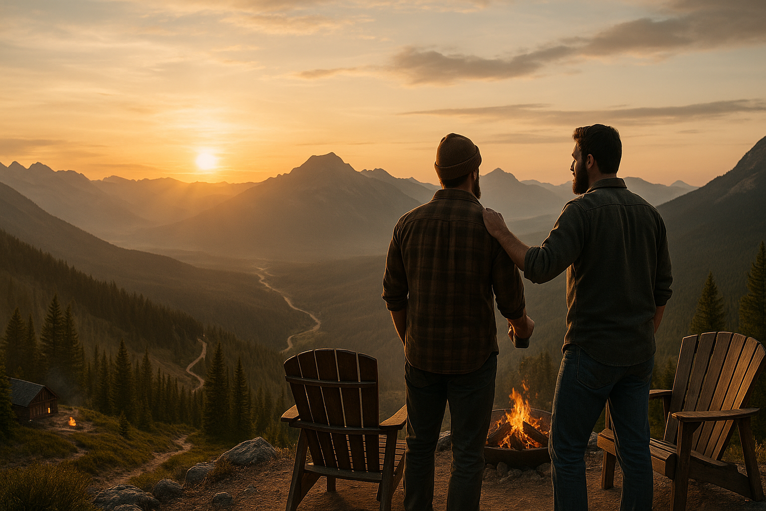 Two men standing near a campfire at sunset on a mountain overlook, with a valley, winding trail, and mountain range in the background.
